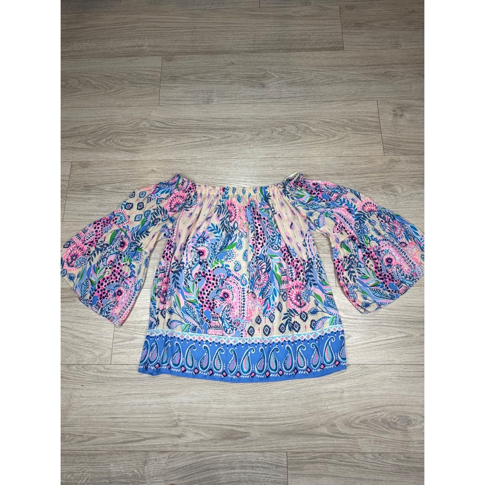Lilly Pulitzer Nevie Top Macadamia Haute Cature Off The Shoulder Bell Sleeve S